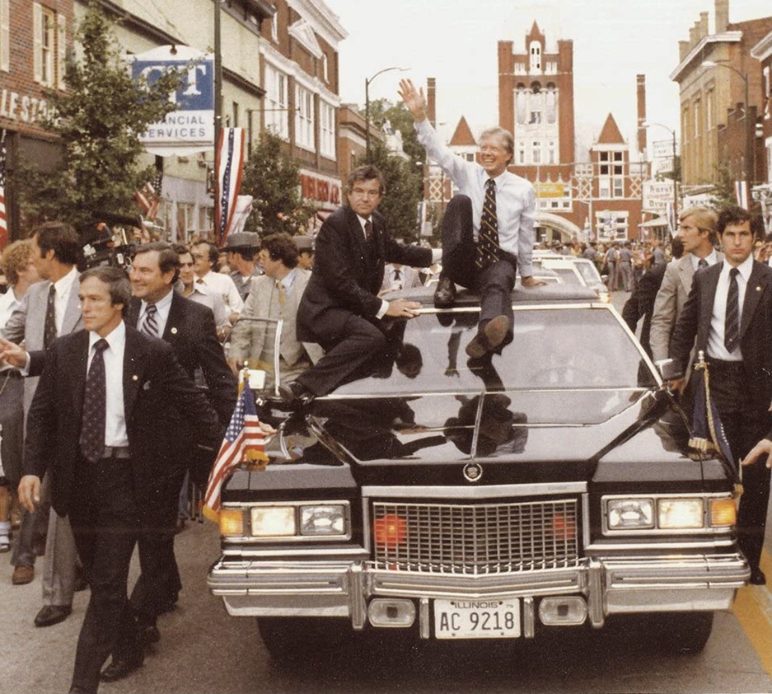 Bardstown &mdash; President Carter on top of limousine in Bardstown, KY